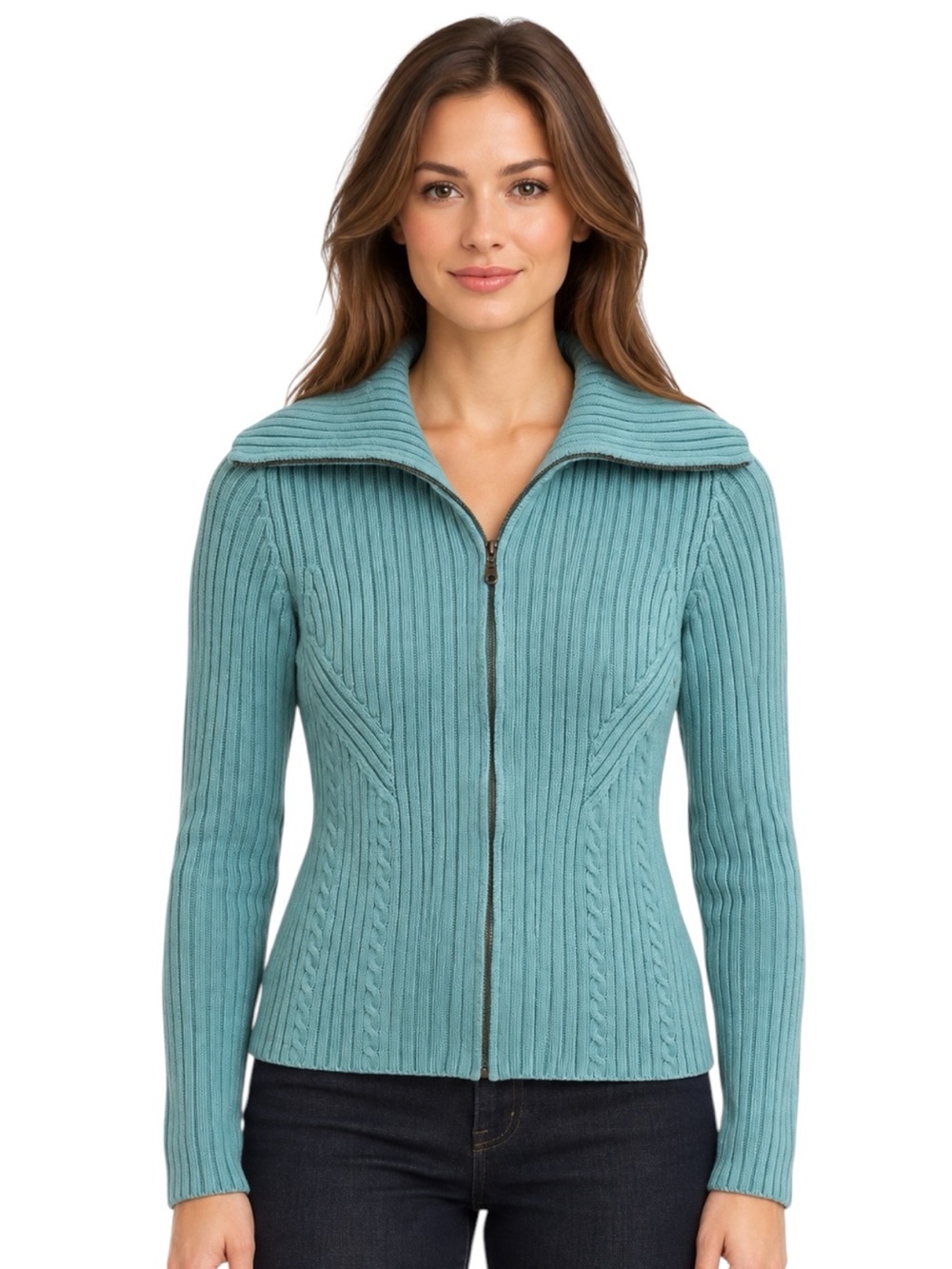 Ann Taylor LOFT Teal Ribbed Cable Knit Zip Front Cardigan Size XS